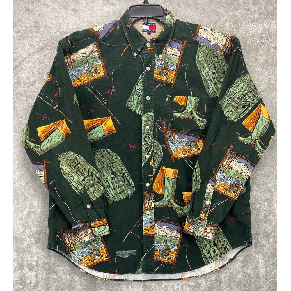 VTG Tommy Hilfiger Men's Fishing‎ Rod Print Shirt Size L Fish Outdoors Hunting